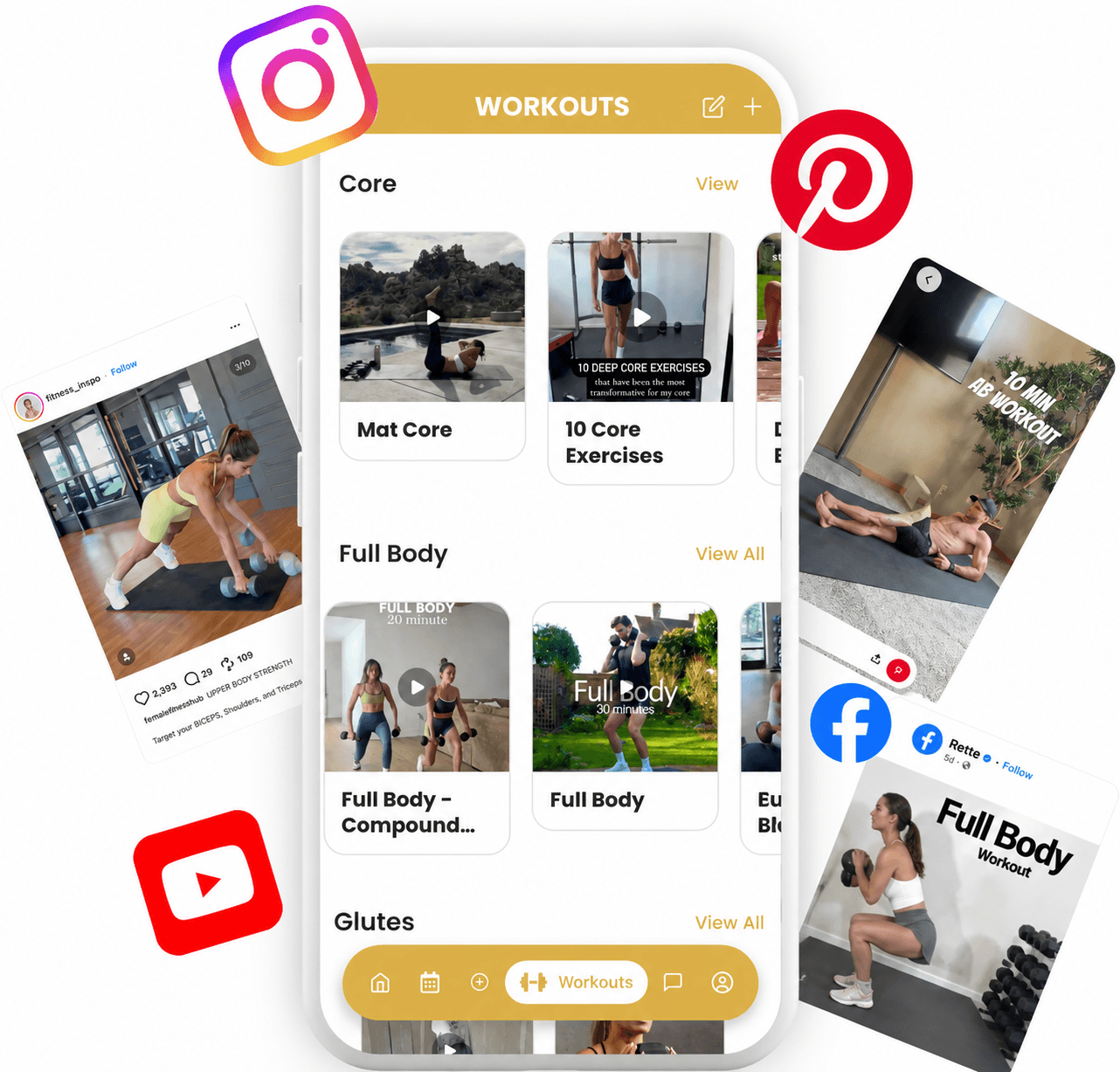 Rette workout library with Instagram, Facebook, Pinterest, and YouTube saves on a phone mockup