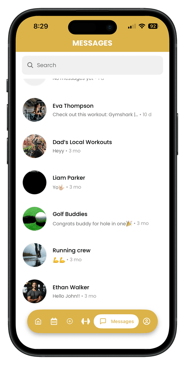 Community groups and messaging to share workouts with friends (detail)