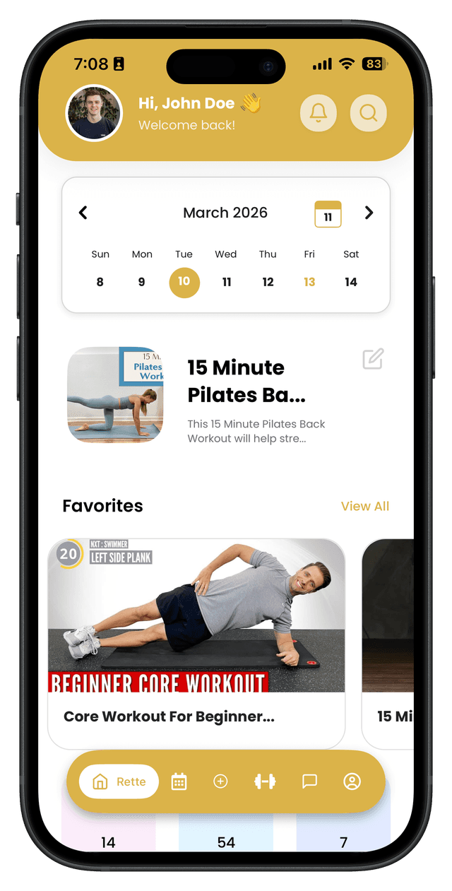 Rette home dashboard with calendar and real-life workout tracking