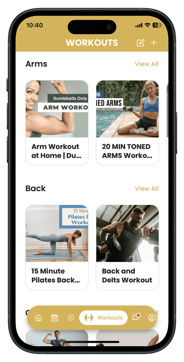 Workout library organized with Instagram, Facebook, Pinterest, and YouTube saves