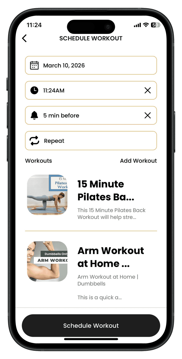 Schedule workouts with date, time, reminders, and calendar sync