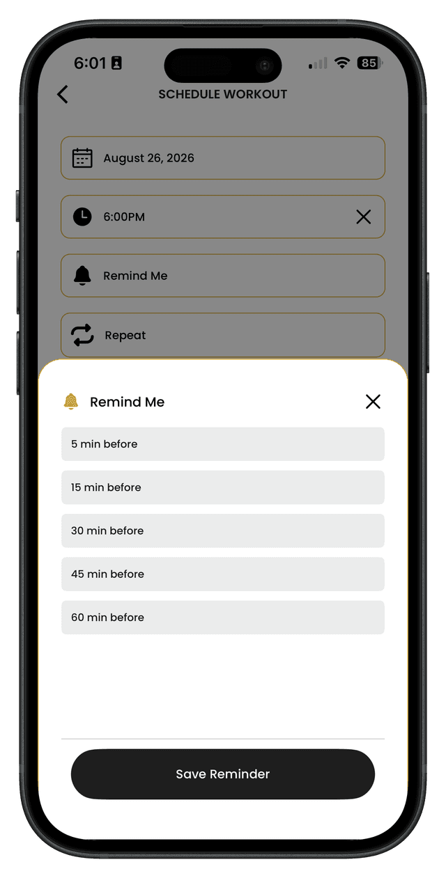 Workout profile and reminder setup linking straight to saved sessions