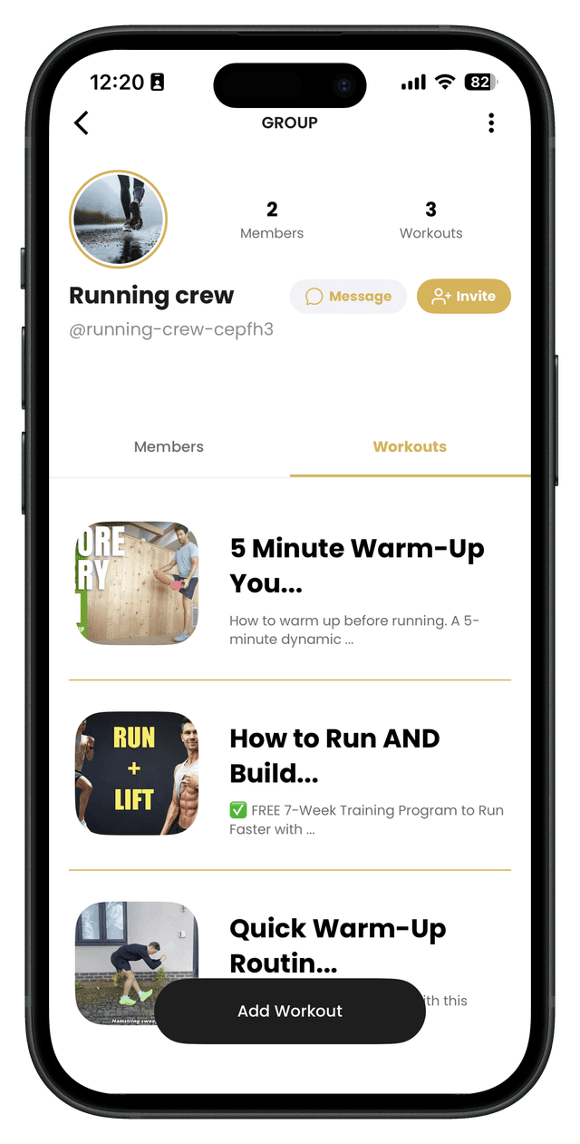 Community groups and messaging to share workouts with friends